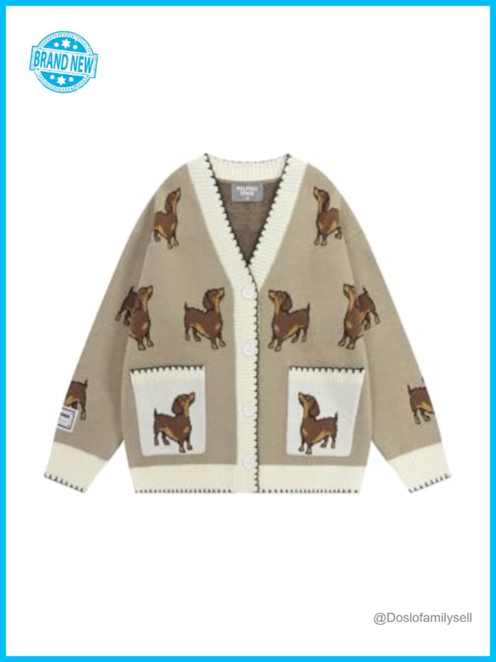 Oversized Graphic Dachshund Cardigan V Neck Button Sweater Loose Fit